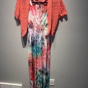 Colorful Maxi Dress with Coral Cardigan